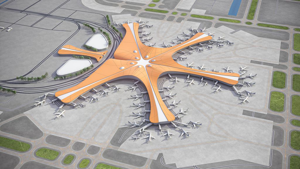 Aerial 3D model of Beijing's Daxing International Airport, showcasing its starfish-shaped design with multiple arms extending from a central core, surrounded by airplanes at the gates and an intricate network of runways and taxiways.