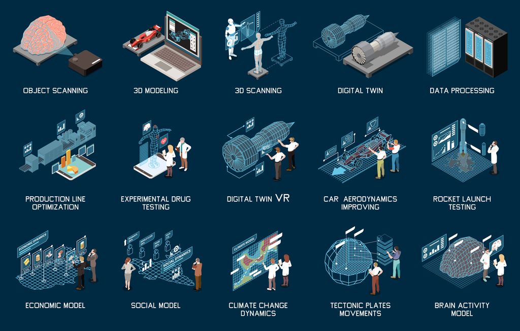 Isometric infographic displaying various applications of digital twin technology, including object scanning, 3D modelling, production line optimisation, experimental drug testing, virtual reality, car aerodynamics, rocket launch testing and models for economic, social, climate change, tectonic and brain activity studies.