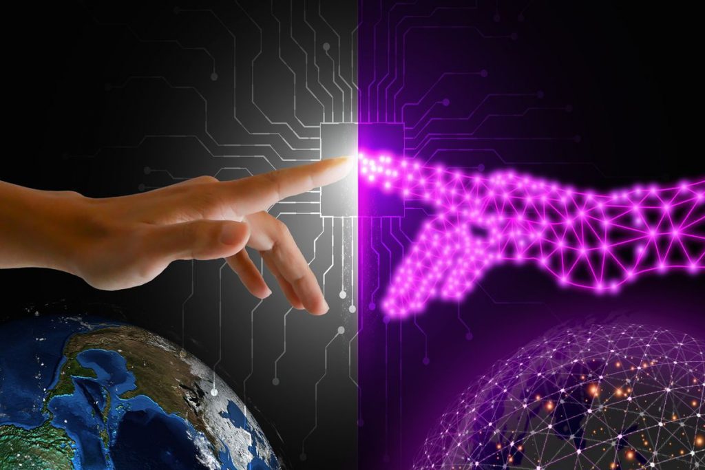 A human hand reaches towards a glowing purple representation of a network, symbolising a virtual twin, juxtaposed with a photo-realistic Earth indicating a digital twin, depicting the conceptual difference between virtual twin vs digital twin technologies.