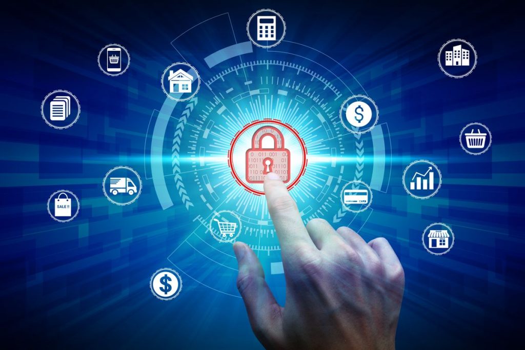 A finger touching a digital padlock icon surrounded by various financial and home-related icons, symbolising the secure construction cloud and its role in enhancing cybersecurity and protection in digital transactions and project management.