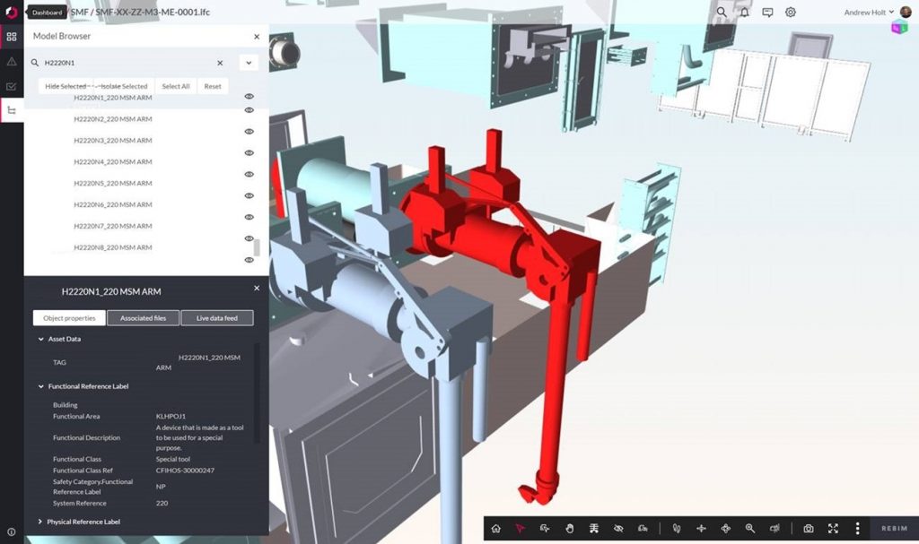 Digital 3D model showing mechanical equipment with asset data overlay using REBIM software interface