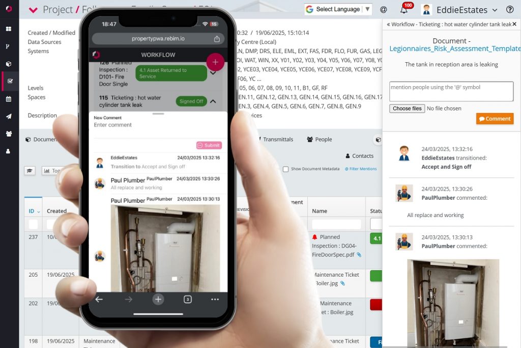 REBIM mobile app showing real-time maintenance updates and image evidence on-site