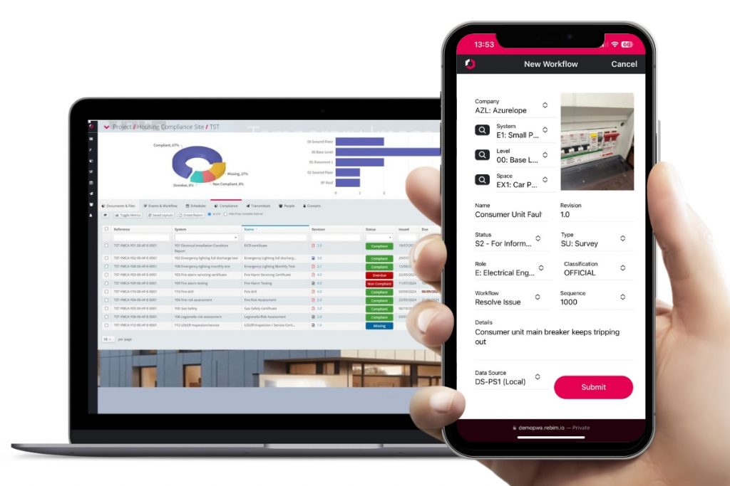 Laptop and smartphone showing REBIM interface for managing social housing compliance and maintenance workflows