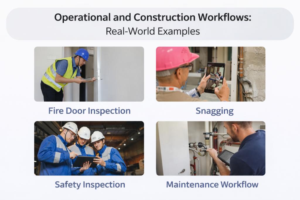 Construction workflows examples including fire door inspection, snagging, safety inspection and maintenance workflow using mobile apps