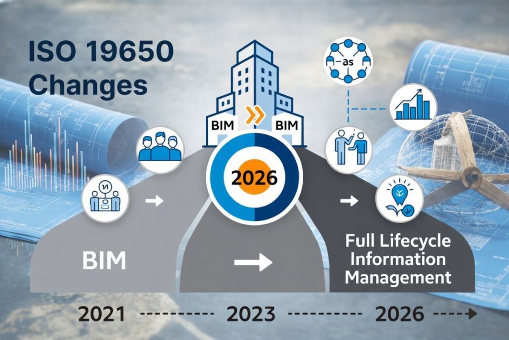 ISO 19650 2026 update diagram showing transition from BIM to information management