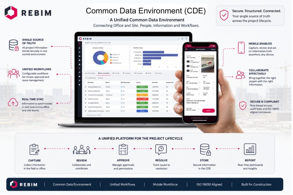 REBIM Common Data Environment (CDE) platform showing unified workflows, mobile access, information management and BIM coordination across the project lifecycle.