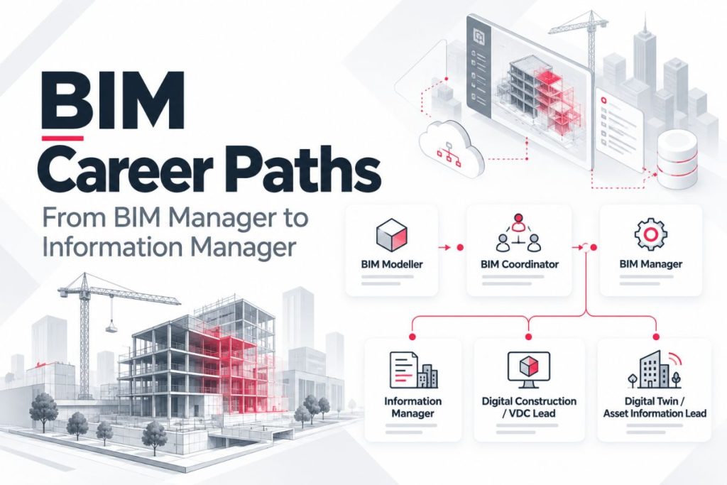BIM career paths from BIM Modeller and Coordinator to BIM Manager, Information Manager, VDC Lead and Digital Twin roles