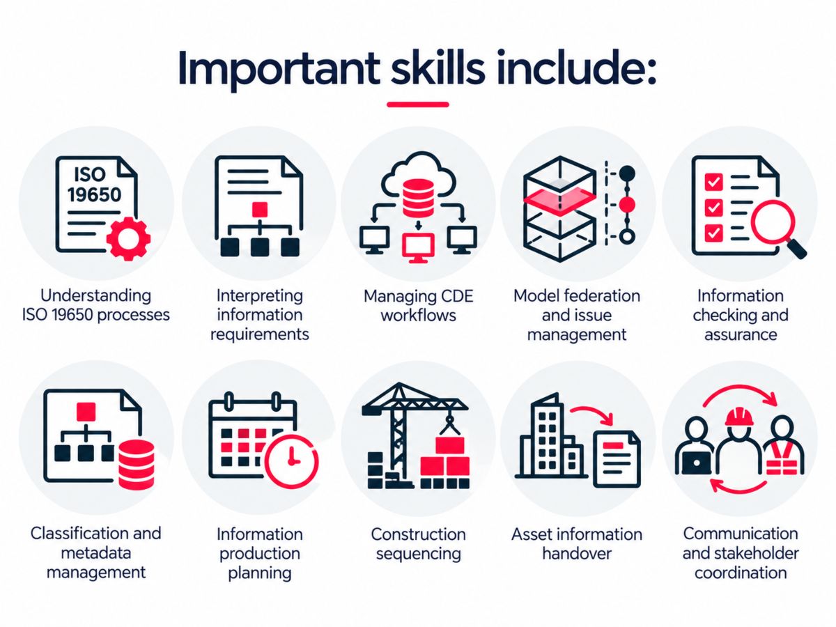 BIM Professional Skills BIM professional skills including ISO 19650, information requirements, CDE workflows, model federation, information assurance and stakeholder coordination.