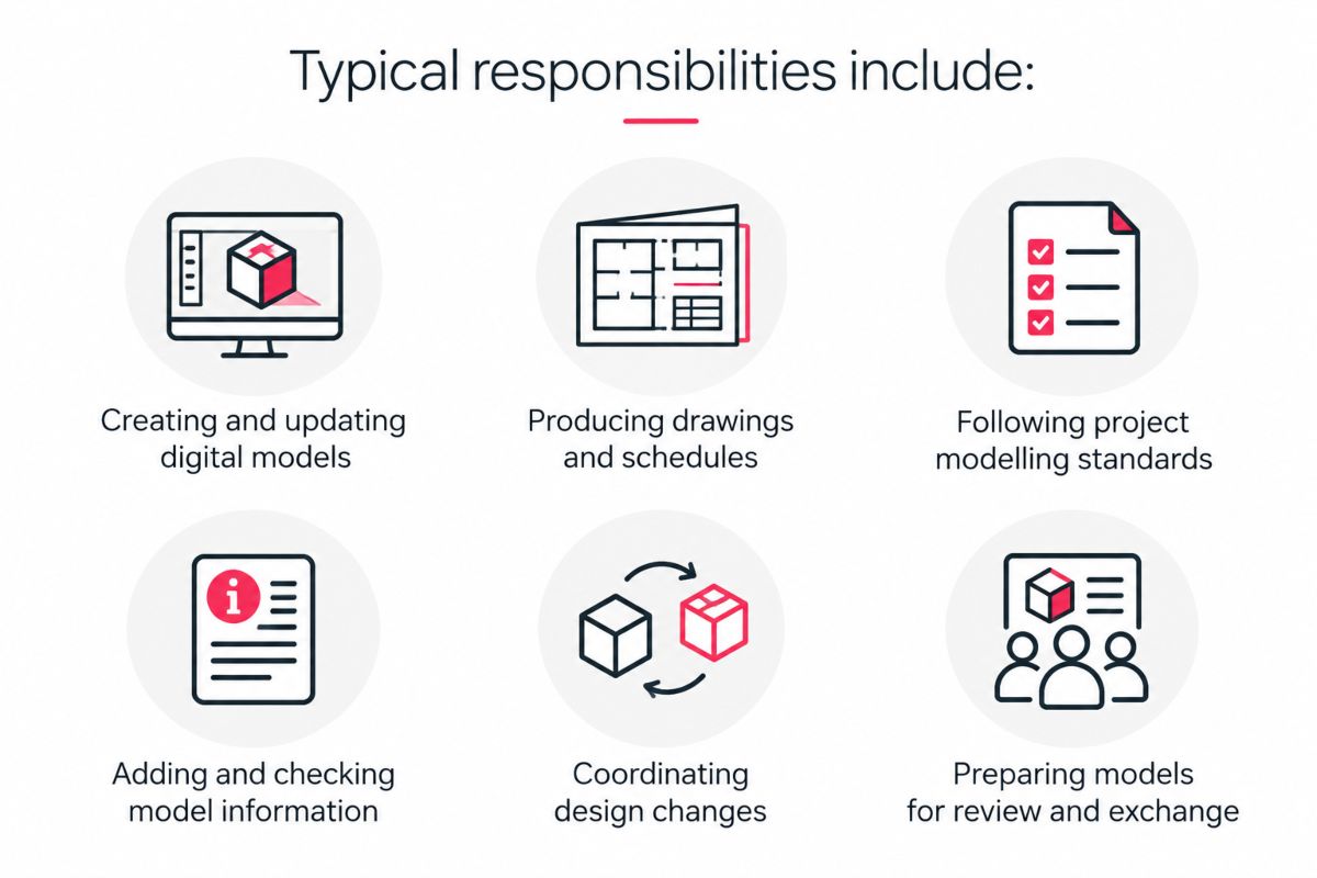 Typical BIM Modeller Responsibilities Typical BIM Modeller responsibilities: creating and updating digital models, producing drawings and schedules, following project modelling standards, checking model information, coordinating design changes, and preparing models for review and exchange.